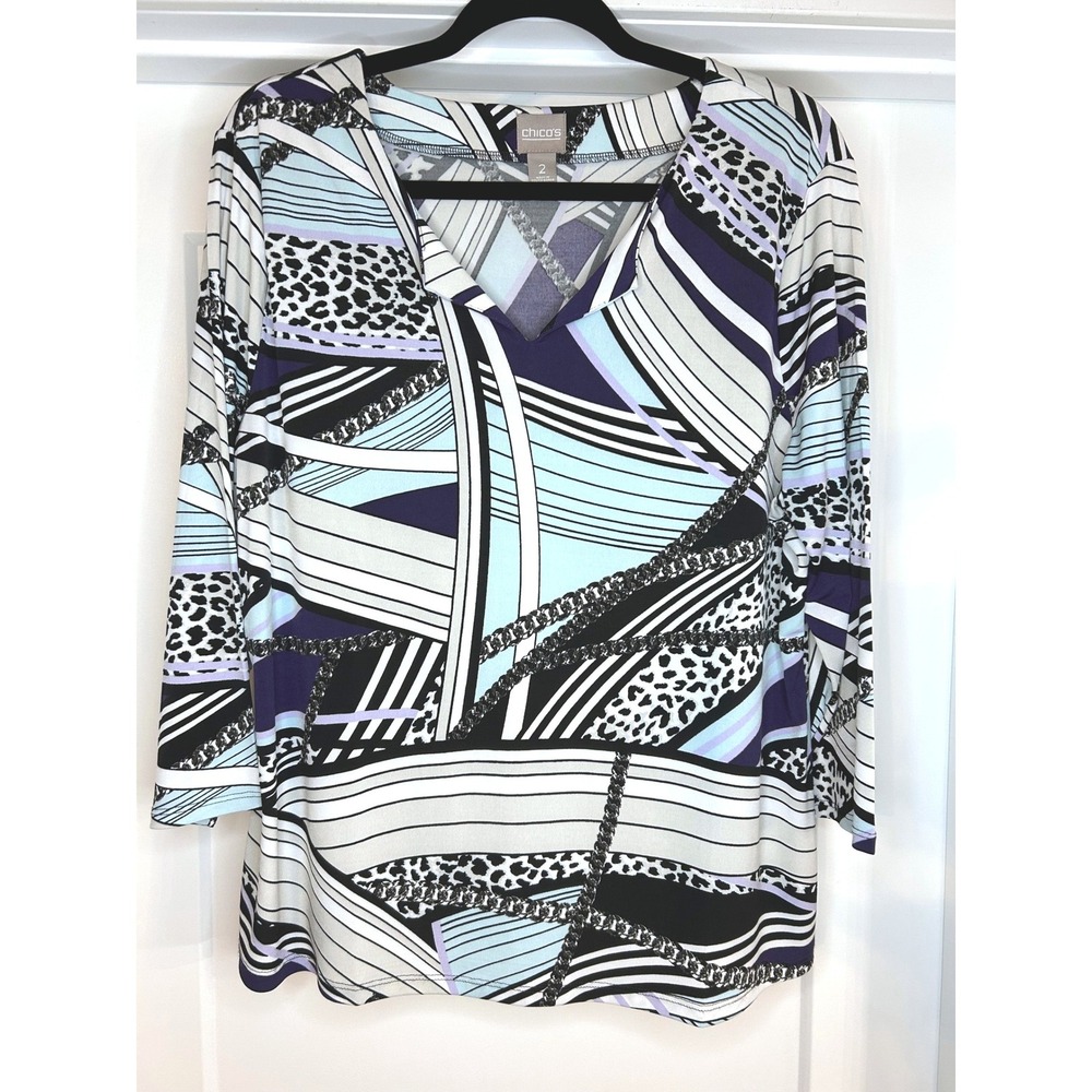 Chicos Women Purple‎ Blue Abstract Leopard Chain 3/4 Sleeve Top Size 2 Large